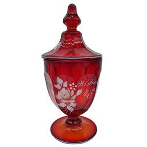 40th Westmoreland Glass Ruby Red Hand Painted Flowers Candy Dish 1979 signed